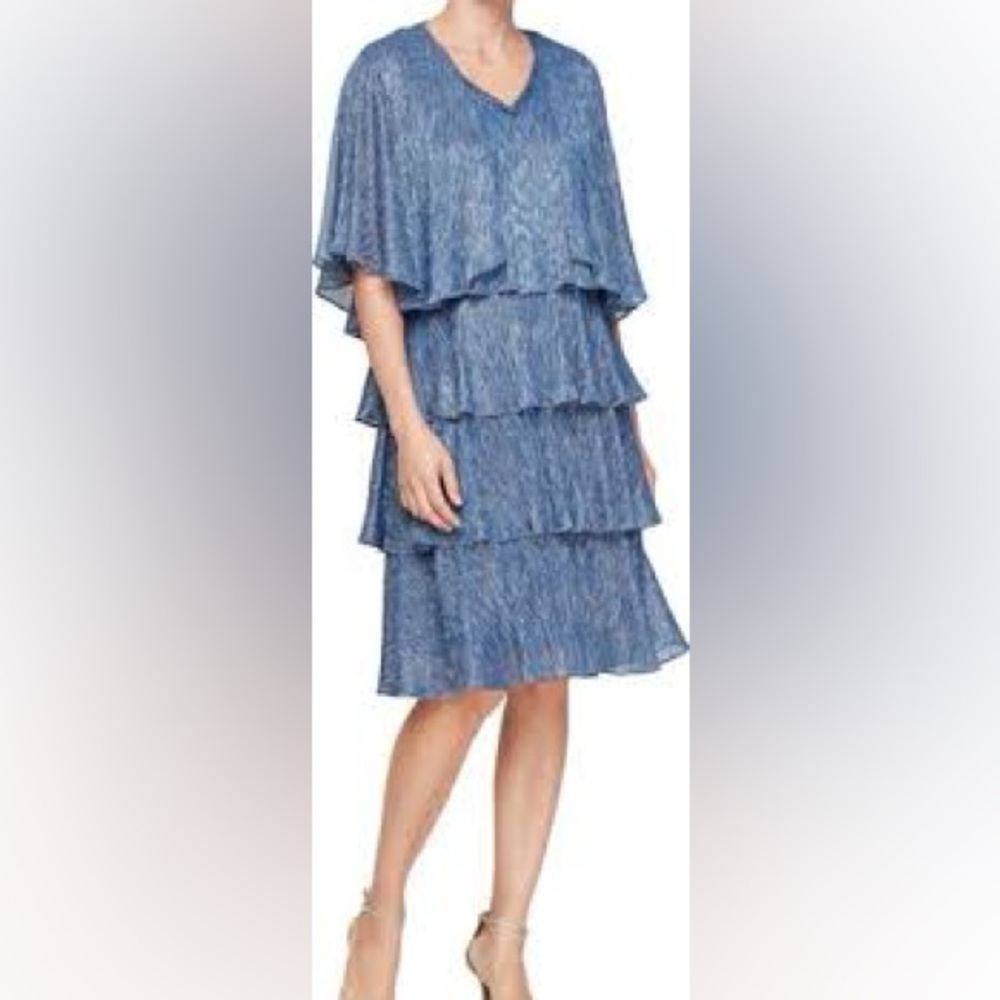 SLNY Women's 2pc Shimmer Navy Layered Midi Dress & Jacket Size 6 Petite